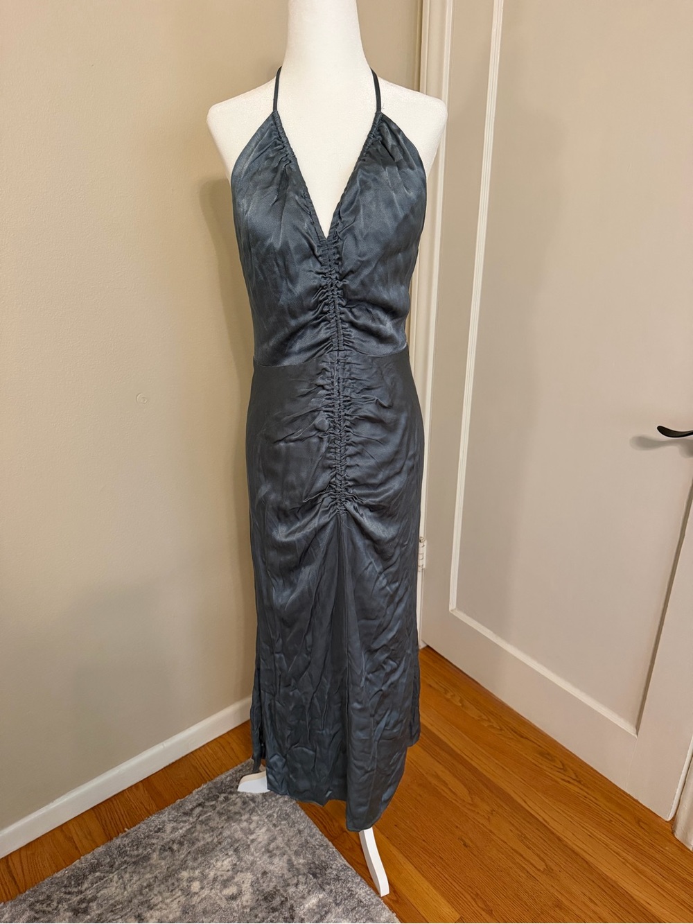 Astr Charcoal Gray Ruched Halter Backless Satin Maxi Dress
